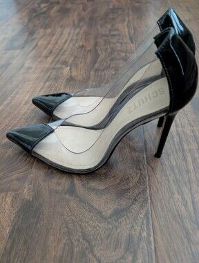 SCHUTZ 7B Black Patent & Clear Pointed-Toe Stiletto Pumps Womens